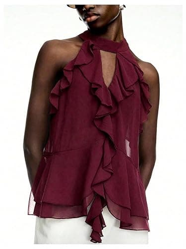 RoseSeek Women's Flowy Going Out Halter Tops Ruffle Mesh Tops Cut Out Sleeveless Tie Neck Tank Top Summer Outfit thumbnail 5