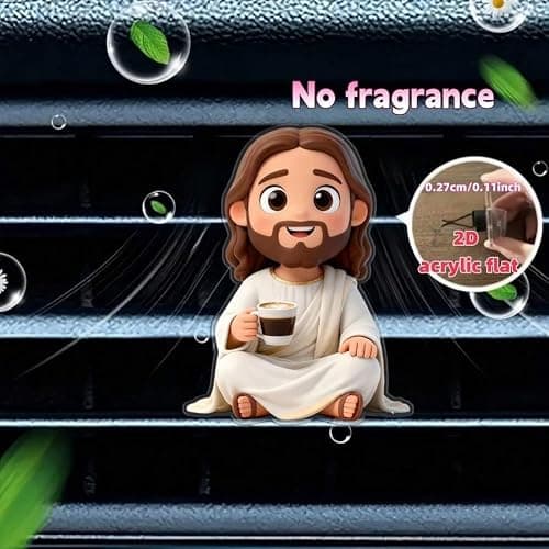 Cute Cartoon Jesus Coffee Car Air Vent Clip Acrylic Auto Decor for Women Reusable DIY Scent Diffuser Accessory Religious Car Ornament Gift (White) thumbnail 3