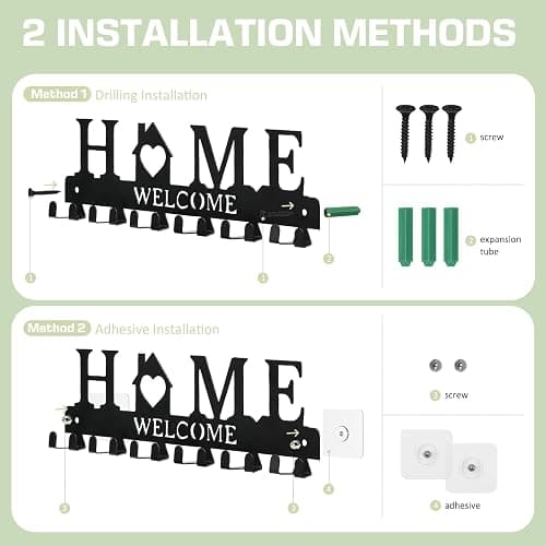 HOMEBROS Key Holder Wall Mount, Adhesive Metal Key Hanger with 6 Double Hooks, 2 Installation Methods, Black thumbnail 3