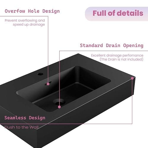 30 Inch Matte Black Vanity Sink – Solid Surface Bathroom Vanity Top with Integrated Sink, Easy-to-Clean Non-Porous Finish for Powder Room or Guest Bath thumbnail 9