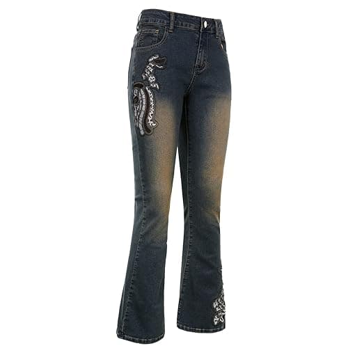 HOXIJIA Women High Waisted Wide Leg Denim Pants Y2K Patterned Baggy Flared Hem Jeans Stretch Bell Bottom Trousers thumbnail 5