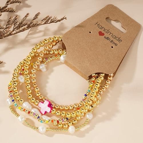 SHINUS BOHO 14K Gold Pearl Beaded Cross Bracelets Stack Set for Women,Stretch Boho Colorful Christian Beads Ball Jewelry Trendy Gift thumbnail 5