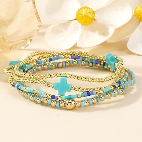 Bohxantium Gold Beaded Bracelets Stack for Women Christmas Stocking Stuffers Stackable 14K Gold Plated Beads Ball Cross Bracelet Boho Christian Jewelry Friendship Birthday Christmas Gifts for Women thumbnail 4