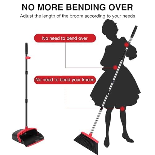 NACENA Broom and Dustpan Set, 52-in Long Adjustable Handle Broom Dustpan Combo with Dustpan Teeth to Automatically Clean Hair Suitable for Home Kitchen Office Hall Floor（Black&Red） thumbnail 4