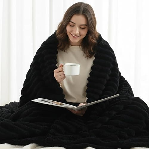 decorUhome Christmas Soft Fleece Black Blanket Queen Size for Bed, Cozy Fluffy Plush Flannel Large Striped Throws for Couch Sofa, Lightweight Decorative Fuzzy Blanket for Woman, 90x90 Inches thumbnail 5