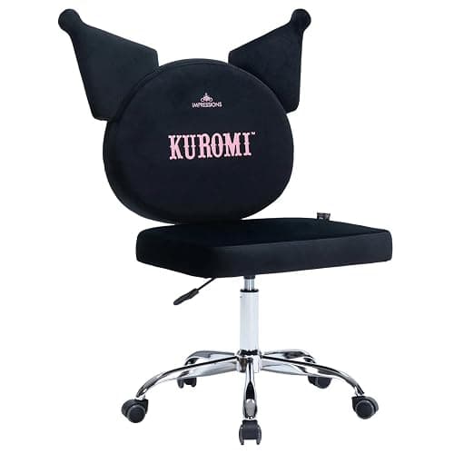 Impressions Vanity Kuromi Armless Swivel Cute Desk Chair for Bedroom, Velvet Makeup Vanity Chair with Back, Rolling Wheels Silver Metallic Base and Adjustable Height (Black) thumbnail 9