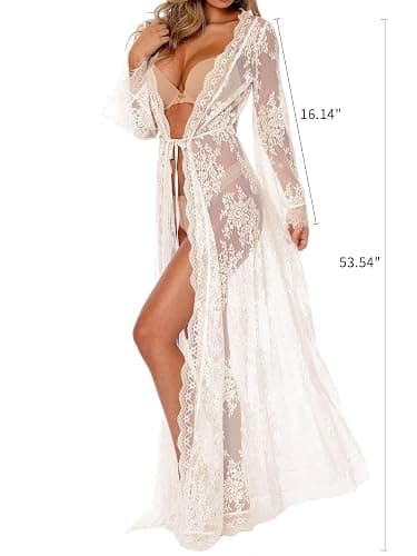 BUTTZO Women Sexy Long Lace Dress Sheer Gown See Through Lingerie Kimono Robe Swimsuit Cover Up thumbnail 8