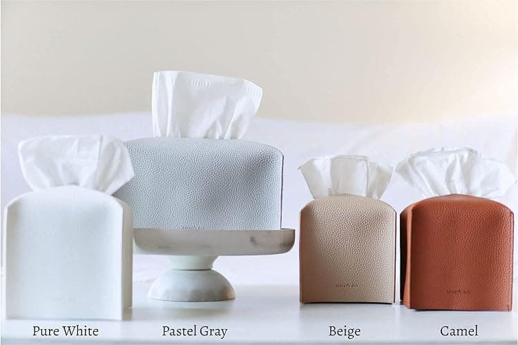 Tissue Box Cover Holder, Square with Bottom Belt by Carrot's Den - PU Leather Decorative Organizer for Tabletop, Bathroom, Car, Office | Camel thumbnail 3