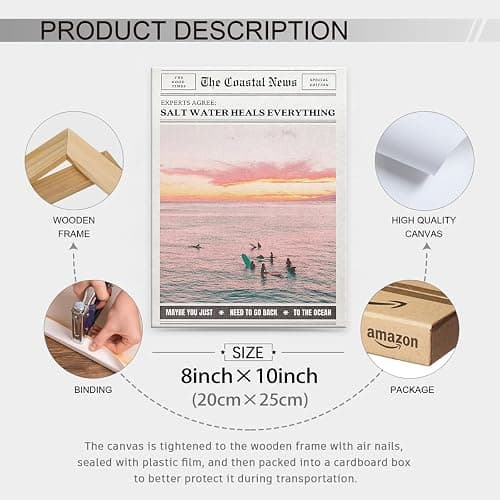 Pink Beach Newspaper Posters Vintage Fashion Coastal Girl Surf Wall Art 08x10 inch Framed Grainy Salt Water Heals Everything Canvas Prints for College Dorm Bedroom Wall Decor thumbnail 2