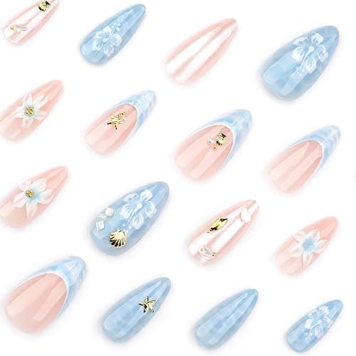 Almond Press on Nails Medium Fake Nails 3D Flower French Tip False Nails Stick on Nail Water Ripple Glossy Glue on Nails Gold Starfish Floral Full Cover Artificial Acrylic Nail for Women Kit 24PCS thumbnail 3