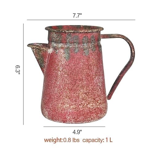 Z² BellaDecor Vintage Pitcher Vase Rustic Farmhouse Vase for Flowers Vintage Metal Milk Jug Small Decorative Pitcher Shabby Chic Decor for Home, Kitchen, Bathroom, Red thumbnail 2
