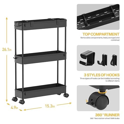SPACELEAD Slim Storage Cart 3 Tier,Bathroom Organizer Rolling Utility,Mobile Shelving Unit Slide Out for Office, Kitchen, Laundry Room & Narrow Places,Black thumbnail 2