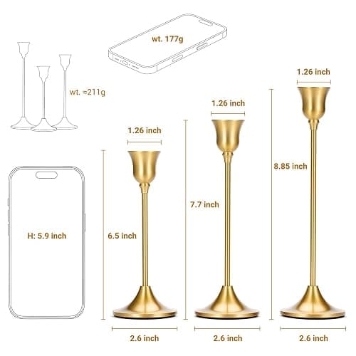 Tifanso Taper Candle Stick Holder - 3PCS Brass Gold Pillar Tall Candlestick Holders Metal Vintage Decor Dinner Table Dining Room Centerpieces Decorations for Wedding Fireplace Mantel Housewarming Gift thumbnail 3