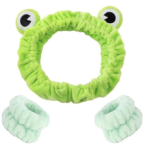 Soft Spa Headband and Wristbands for Face Washing, Cute Frog Makeup Headbands Elastic Skincare Hair Band Shower Head Wraps Hair Accessories for Women - Image 1