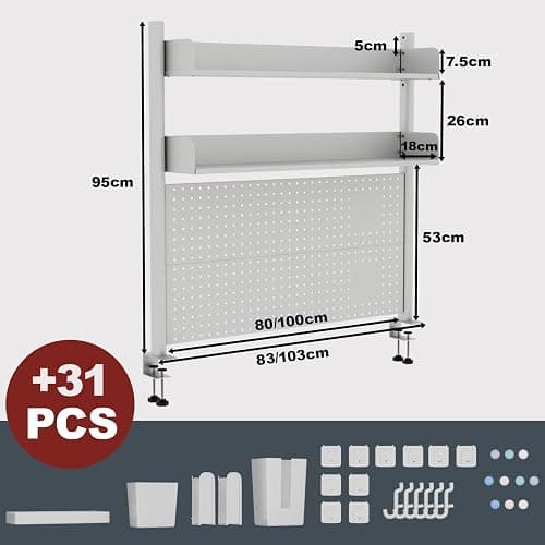 Boltmol Estante de escritorio de 2 niveles con abrazadera, blanco de 100 cm, organizador de escritorio con tablero de clavijas, estantería de almacenamiento de encimera para el hogar, oficina o thumbnail 3