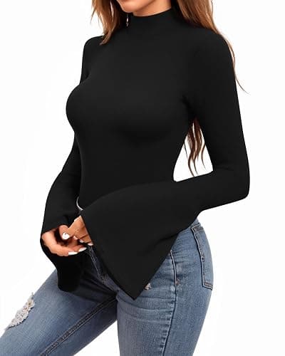 MANGOPOP Bell Sleeve Mock Neck Long Sleeve Bodysuit for Going Out Tops for Women thumbnail 3