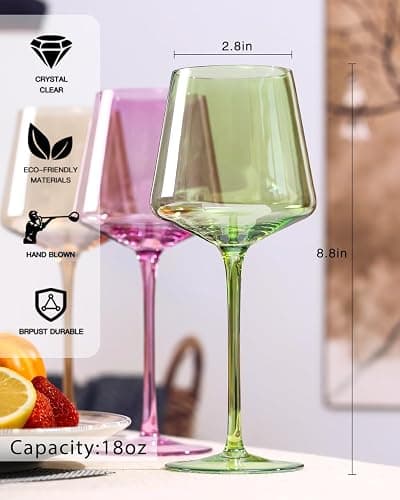 comfit Colored Wine Glasses Set of 6-18oz【Hand Blown】 Crystal Colorful Wine Glasses with With Long Stem-Muticolor Wine Glasses Wedding gift set for wine lovers Wine Dinner - Multicolor(6 Count) thumbnail 5