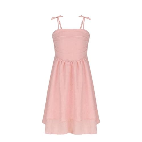 duxyoz Girl's Summer Dresses Spaghetti Strap Swing Pleated Cotton Dress Tween Kids Flowy Front Ruched Boho Beach Casual Midi Sundress for Princess Birthday Party Wedding Prom Gown thumbnail 5