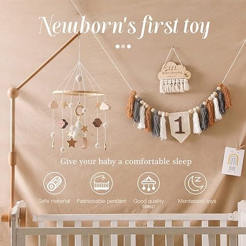 Baby Mobile for Crib, Wooden Baby Crib Mobile with Felt Ball Decor Wind Chime Bed Bell Cute Star Pendant Boho Hanging Decor Handmade Neutral Crib Bell for Kids Room Nursery Bedroom Type 2 - Type 2 thumbnail 9