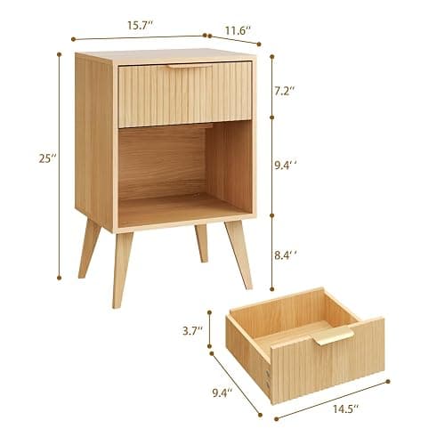 Fluted Night Stand with Opening Storage,Mid Century Bedside Table with Drawer,Wood Nightstand with Solid Wood Legs,End Table Side Table for Living Room,Bedroom,Natural CAACTG56Y thumbnail 3