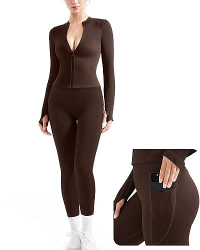 SUUKSESS Women 2 Piece Seamless Ribbed Workout Sets With Zip Up Jacket High Waisted Gym Yoga Leggings - Image 1