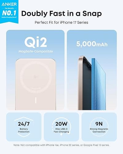 Anker Nano Power Bank, Ultra-Slim 5,000mAh Magnetic Wireless Charging Battery, Qi2 Certified 15W Max MagSafe-Compatible Portable Charger, Ergonomic Design, for iPhone Air/17/16 Series thumbnail 2