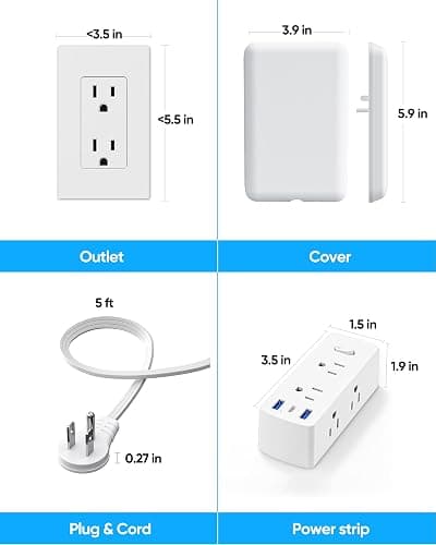Olcorife Flat Extension Cord with Outlet Cover, Flat Plug Power Strip with 6 Outlets and 3 USB Ports, 5 FT Cord Hidden Outlet Extender for Tight Spaces thumbnail 6