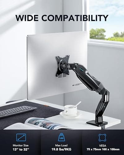 HUANUO FlowLift™ Single Monitor Mount, 13 to 32 Inch Monitor Arm, Adjustable Monitor Stand, Vesa Mount with Clamp and Grommet Base - Fits 4.4 to 19.8lbs LCD Computer Monitors thumbnail 2