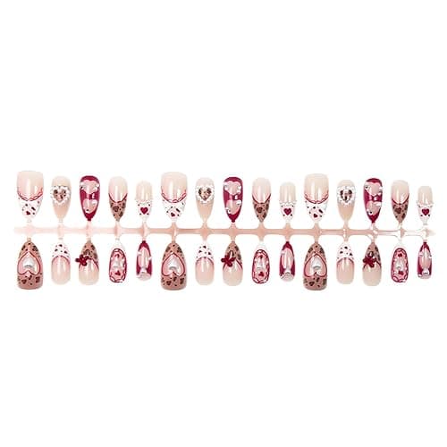 30Pcs Valentines Press on Nails Medium Almond Fake Nails French Tip 3D White Pearl Designs Cute Bow False Nails Leopard Polka Dots Acrylic Stick On Nail with Heart and Rhinestones Romantic for Women thumbnail 9