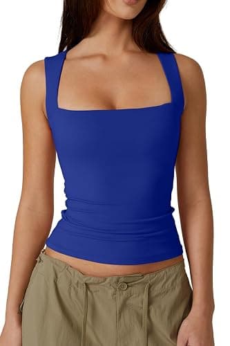 QINSEN Women's Double Layer Tank Tops Square Neck Sleeveless Basic Tight T Shirts - Image 1