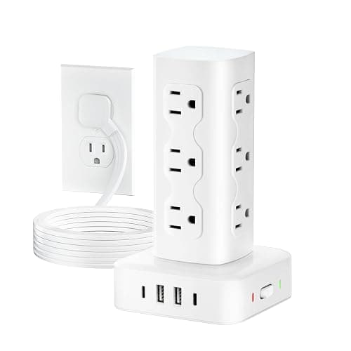 Power Strip Tower Surge Protector(2000J), Flat Plug Charging Station Tower with 12 AC Outlets & 4 USB Ports(2 USB C), 6FT Extension Cord for Home Office Dorm, White - Image 1