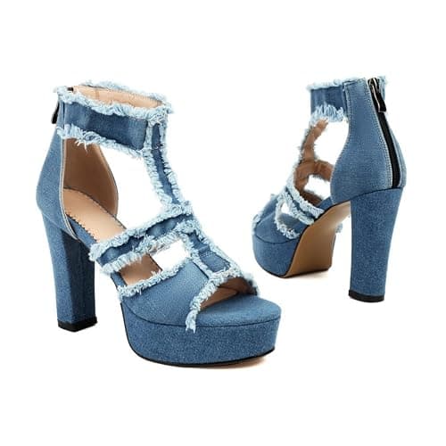 Donna Tacco Grosso Alto Sandali Estivi Peep Toe Denim Platform Sandali Cinghia A T Décolleté da Vestito con Cerniera Posteriore thumbnail 3