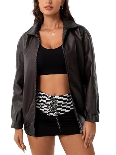 hathne Women's Oversized Leather Jackets Faux Zip Up Fall Fashion Motorcycle Jackets Coats Winter Clothes thumbnail 2