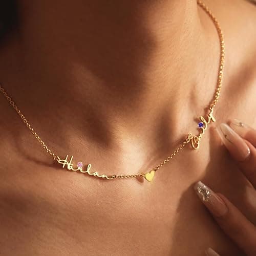 Mothers Day Personalized Name Necklace for Women, 18K Gold Plated Handmade Custom Necklace with Kids Name, Dainty Birthstone Choker Nameplate Jewelry Gift for Mom thumbnail 8