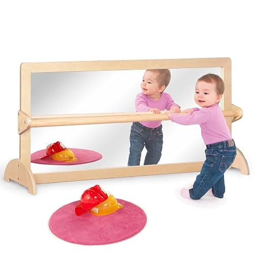KRAND 3-Position Montessori Wood Frame Non-Shatter Safety Pull Up Bar Baby Big Mirror Set, Infant Coordination Mirror, Kids Classroom Furniture for Daycare, Homeschool or Preschool - Image 1