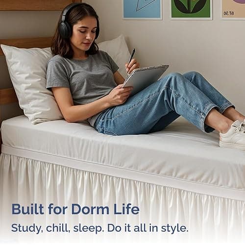 Wrap Around Dorm Room Bed Skirt - For Twin XL Size Beds w/ 30 Inch Drop - Extra Long Dust Ruffled College Bedskirt with Split Corners - Easy Fit Elastic Strap - Adjustable, Fade & Wrinkle Free - White thumbnail 8