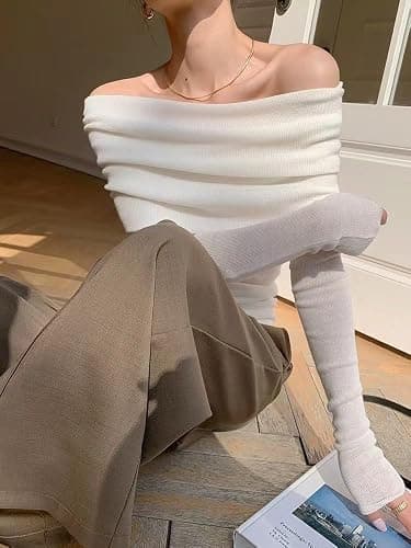 Women Long Sleeve Off Shoulder Wool Blend Y2k Aesthetic Tops Tee Knitted Sweater Shirt Pullover Fairycore Clothing thumbnail 6