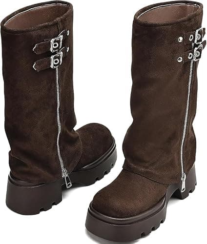 MAVMAX Fold Over Knee High Boots for Women Zipper Buckle Riding Boot Wide Calf Platform Round Toe Chunky Low Heel Tall Boot y2k Trendy Boots thumbnail 6