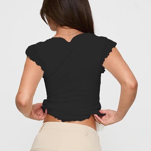 Women Square Neck Peplum Top Y2k Cap Sleeve Layered Ruffle Trim Printed Top Lace Up Slim Fit Solid Color Shirt thumbnail 2