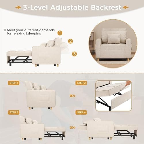 U-MAX 36" Convertible Chair Bed Sleeper Sofa, 3-in-1 Pull Out Sofa Chair with Side Pocket, Pillow and Adjustable Backrest for Small Space, RV, Apartment, Living Room in Beige thumbnail 7