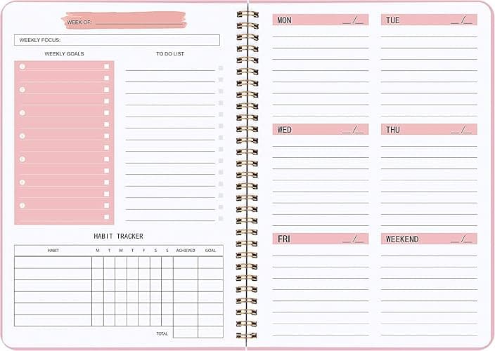 Moseem Weekly Planner Notebook, Undated A5 Planner Notebook Daily Planner to Do List Diary,Weekly Goals Planner with Habit Tracker 52 Weeks Planning for College Work ADHD Planner(Pink) thumbnail 7
