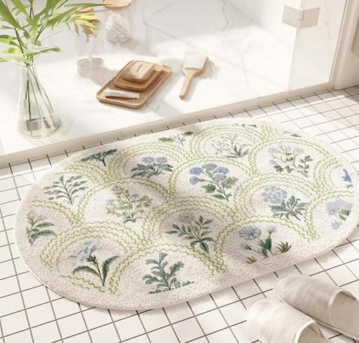 gdmgdr Spring Floral Bathroom Rug 32" x 20" Wild Flowers Bathroom Mat Boho Floral Bath Rug (Oval, Green) - Image 1
