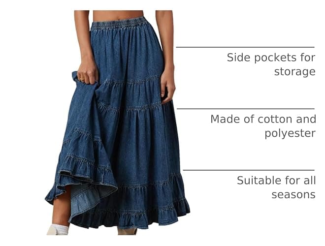 YEXPINE Women's Swing Chambray Maxi Skirt Elastic Waist Pleated Tiered Flowy Long Skirts Retro Denim Skirt thumbnail 3
