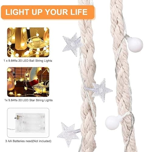 Hanging Chair for Bedroom Hammock Chair Swing with Lights and Hardware Kits Holds Up to 550Lbs Macrame Swing Chair Hanging Cotton Rope Swing Chair for Bedroom, Patio, Deck, Garden and Porch-KASHAN thumbnail 9