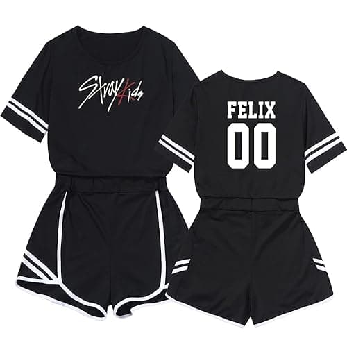 DHSPKN Stray Kids Merch Tshirt Support Crop Top T-Shirts + Hot Pants Set Jisung Felix Minho Changbin Tee Unisex Crop Tops - Medium - Felix00
