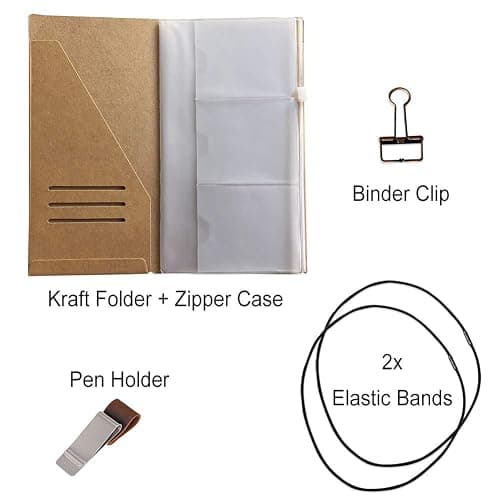 Travelers Notebook Accessories Kit - Kraft File Folder, Zipper Case, Pen Holder, Binder Clip and 2 Elastic Bands thumbnail 2