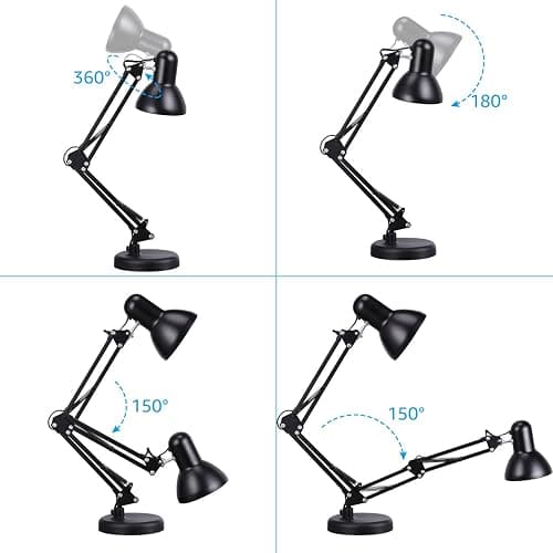 TORCHSTAR Metal Desk Lamp with Clamp, Swing Arm, Architect Adjustable Gooseneck Table Lamp, Clip Desk Lights for Home Office, Work, Study, Reading, E26 Base, Multi-Joint, Black thumbnail 5