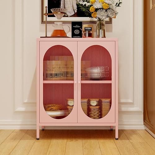 LYMOUYEE 2 Translucent Door Metal Accent Storage Cabinet for Home, Living Room, Office Room,Kitchen-Metal Locker Cabinet with 1 Adjustable Shelves-2-Tier (Pink) thumbnail 4