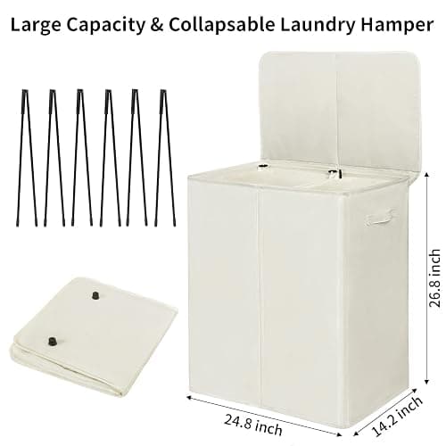 WOWLIVE 154L Double Laundry Hamper with Lid and Removable Laundry Bags, Large Dirty Clothes Hamper 2 section Collapsible Laundry Basket Dorm Room Storage for Bedroom, Bathroom, College,Beige thumbnail 3