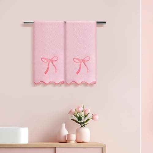 Fanfanwin 2 Pcs Pink Bow Scalloped Hand Towels for Bathroom 26 x 13 Inch Soft Embroidery Cute Coquette Bath Towels Fingertip 100% Cotton Soft Absorbent Boho Bath Decor for Kitchen Bathroom thumbnail 2